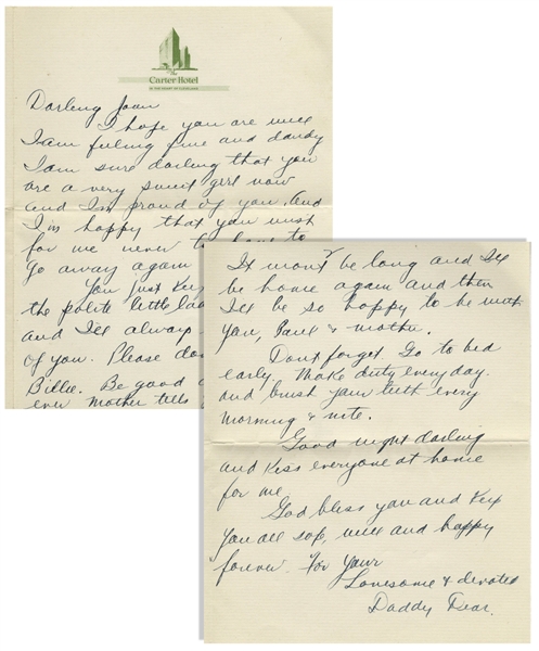 Moe Howard Autograph Letter Signed ''Daddy Dear'' to His Daughter Joan From the Late 1930s -- 2pp. Letter on Bifolium Cleveland Hotel Stationery Measures 5.25'' x 6.5'' -- Very Good Plus